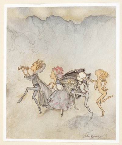ACT IV: Scene I, line 46 Each one, tripping on his toe, Will be here with mop and mow. Nymphs. by Arthur Rackham