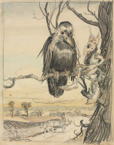 A Squirrel and a Crow by Arthur Rackham