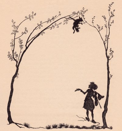 A Fox Tied by His Paws to Two Hazel Trees. Illustration by Arthur Rackham from Grimm