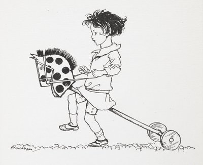 A little girl on a toy hobby horse by Arthur Rackham