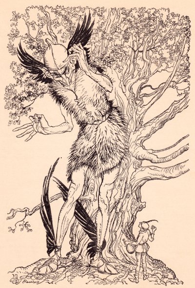 A terrible fellow half as big as the tree by which he was standing (Illustration by Arthur Rackham from Grimm