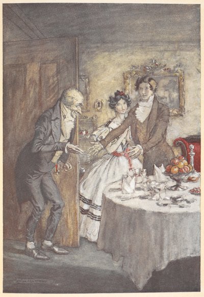 A young man and woman welcoming Scrooge for a meal in their dining room by Arthur Rackham