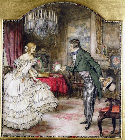 A young man presenting a bouquet to a girl standing in a drawing room by Arthur Rackham