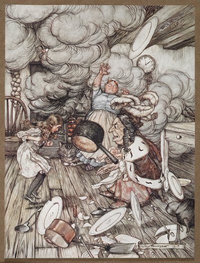 Alice in a kitchen with the Duchess, a cook and the Cheshire Cat by Arthur Rackham