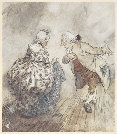 An old couple in formal clothing about to dance by Arthur Rackham