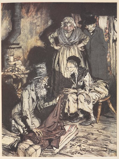 An old family inside their house with a man offering them curtains by Arthur Rackham