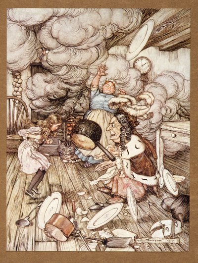 An unusually large saucepan flew close by it, and very nearly carried it off, from Alice
