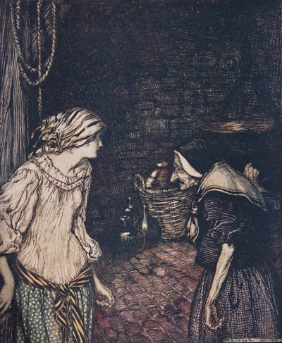 At last she reached the cellar, and there she found an old, old woman with a shaking head .., from The Fairy Tales of the Brothers Grimm by Arthur Rackham