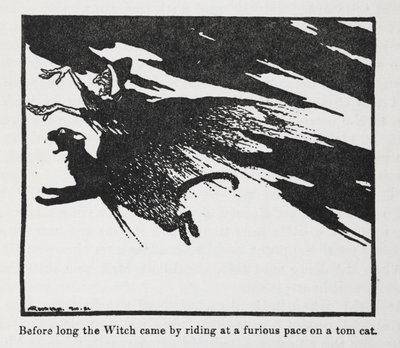 Before long the Witch came by riding at a furious pace on a tom cat by Arthur Rackham