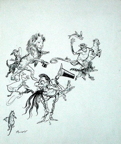 Birds, beasts and fishes were hurrying by in confusing masses, illustration from 