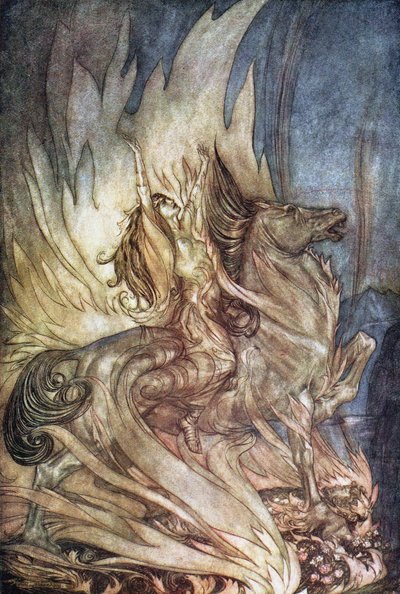 Brünnhilde on Grane Leaps onto the Funeral Pyre of Siegfried by Arthur Rackham