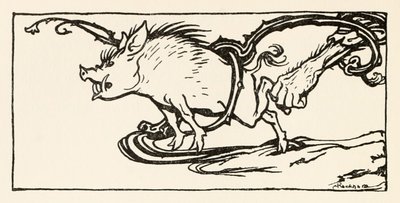 Carl catching a wild boar for his supper, from The Carl of the Drab Coat in Irish Fairy Tales by Arthur Rackham