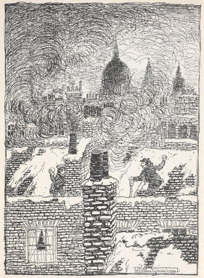 Children playing on rooftops in the snow at night, with the dome of St. Paul