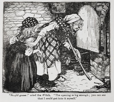 Grethel and the old witch by the oven from Hansel and Grethel by Arthur Rackham
