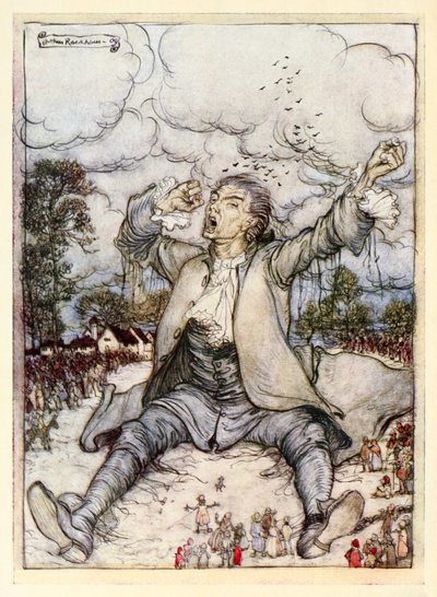Gulliver released from the strings raises and stretches himself from Part I: A Voyage to Lilliput in Gulliver