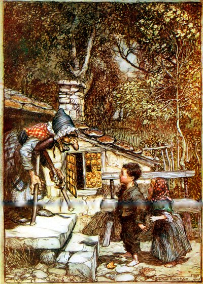 Hansel and Gretel and the Witch on the Doorstep of Her Cottage by Arthur Rackham