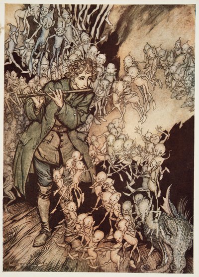 He Played Until the Room Was Entirely Filled with Gnomes, from Little Brother & Little Sister and Other Tales by the Brothers Grimm, pub. 1917 by Arthur Rackham