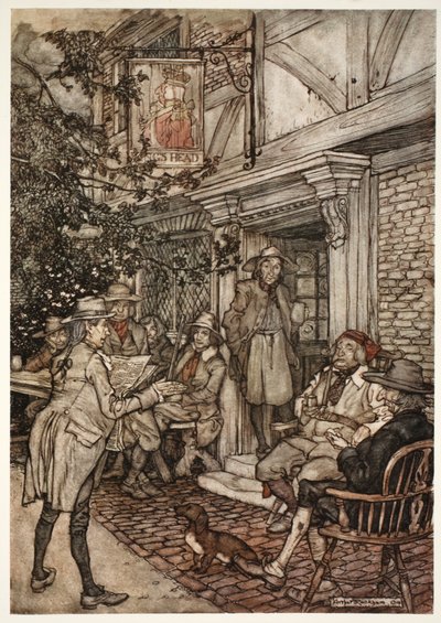He used to console himself by frequenting a kind of perpetual club of the sages, philosophers and other idle personages, which held its sessions before a small inn., from Rip Van Winkle by Washington Irving by Arthur Rackham