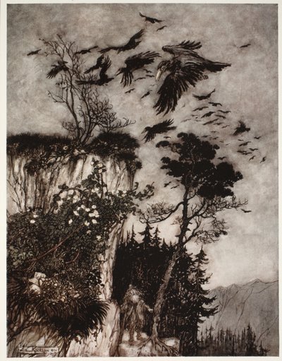 He was only answered by a flock of idle crows, from Rip Van Winkle by Washington Irving by Arthur Rackham