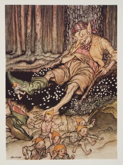 Hop-o-my-thumb went up to the Ogre softly and pulled off his seven-league boots, from The Arthur Rackham Fairy Book by Arthur Rackham