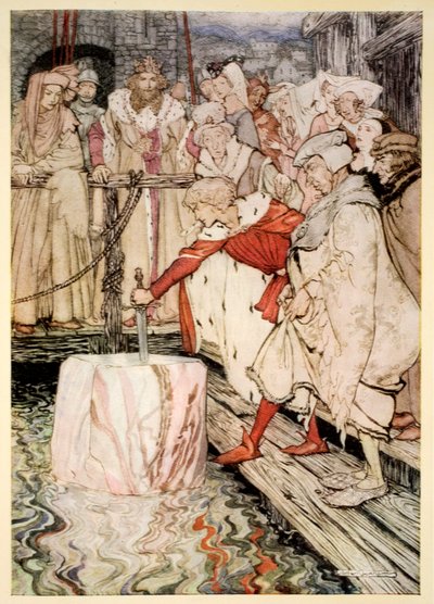 How Galahad drew out the sword from the floating stone at Camelot, illustration from 