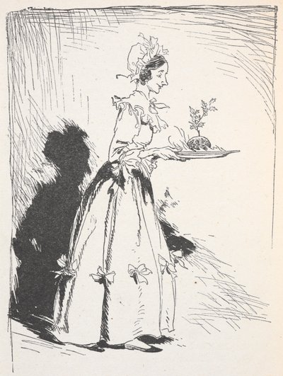 Illustration of a woman carrying a Christmas pudding by Arthur Rackham