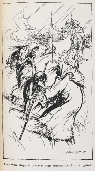 Illustration of the three witches, Macbeth and Banquo by Arthur Rackham