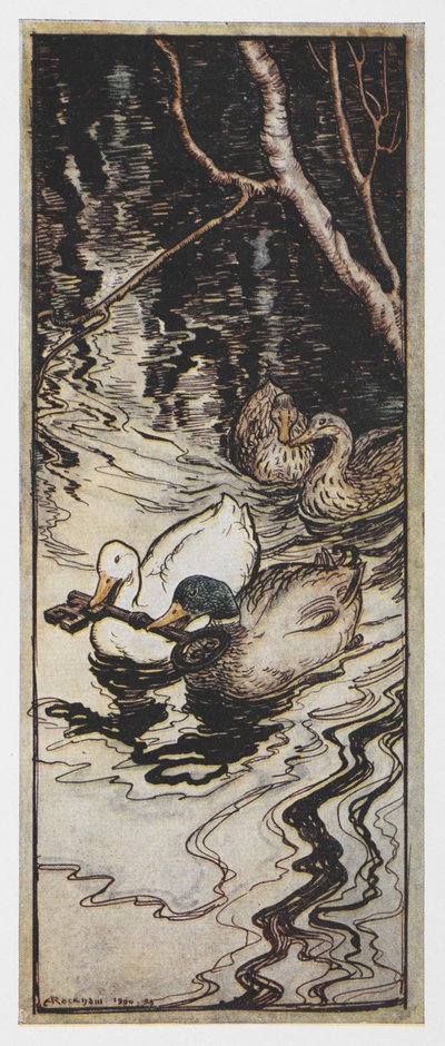 Illustration of Two Ducks Carrying a Key from The Queen Bee by Arthur Rackham