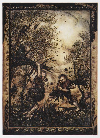 Illustration of Two Giants Fighting with Trees from The Valiant Tailor by Arthur Rackham
