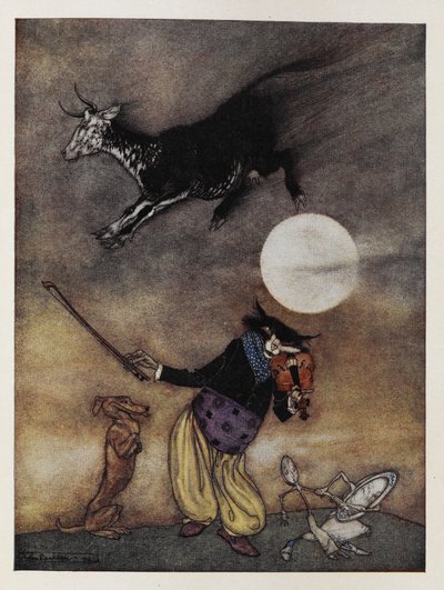 Illustration to a Nursery Rhyme. A Cow Jumping Over the Moon. A Cat Playing a Fiddle. A Dog. A Dish Running Away with a Spoon by Arthur Rackham