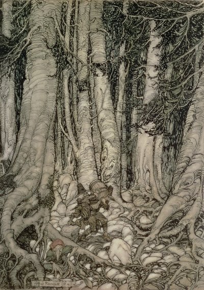 In the Forest with a Barrel from Rip Van Winkle written by Washington Irving by Arthur Rackham