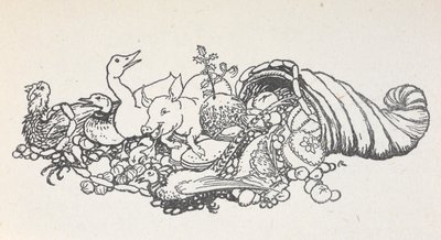 Items from a Christmas feast spilling out from a horn-shape. Items include a Christmas pudding, sausages, a turkey, a pig, a duck, a pheasant, a pie and fruits by Arthur Rackham