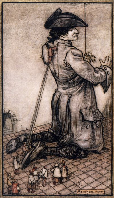 Lilliputian Tailors Measuring Gulliver to Make Him New Suit, Illustration by Arthur Rackham from Gulliver