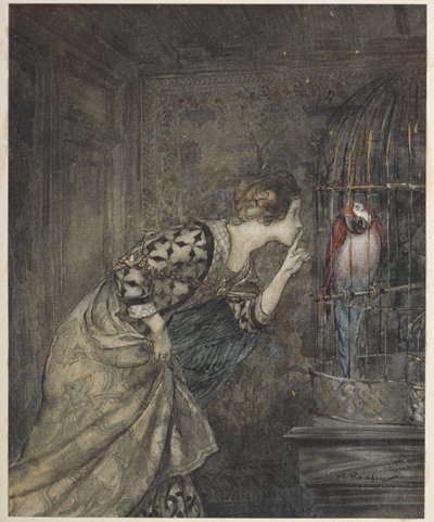 May Colvin and a parrot in a cage by Arthur Rackham