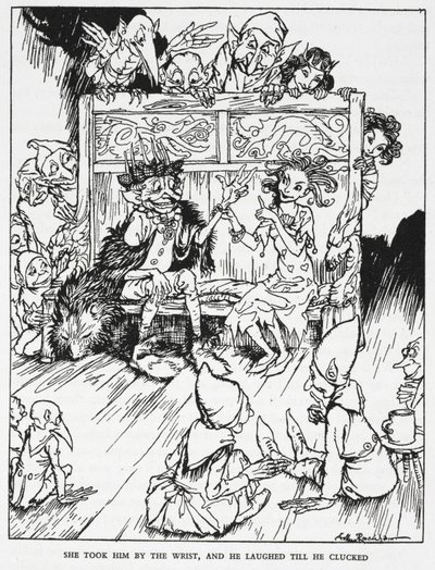 She took him by the wrist, and he laughed till he clucked. Elfin maidens and goblins. Illustration for 