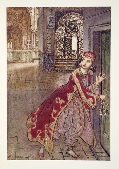 She took then the little key, and opened the door, trembling, from The Arthur Rackham Fairy Book by Arthur Rackham