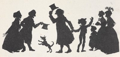 Silhouette of a young boy and a man greeting people on the way home from church by Arthur Rackham