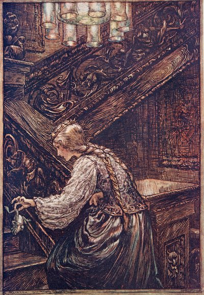 So she seized him with two fingers, and carried him upstairs by Arthur Rackham