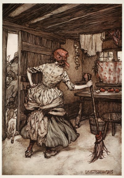 So that he was fain to draw off his forces and take to the outside of the house-the only side which, in truth, belongs to the hen-pecked husband., from Rip Van Winkle by Washington Irving, pub. 1910 by Arthur Rackham