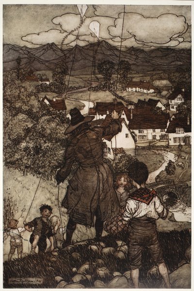 Taught them to fly kites, from Rip Van Winkle by Washington Irving by Arthur Rackham