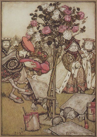 The Queen turned angrily away from him and said to the Knave, "Turn them over" (from Alice