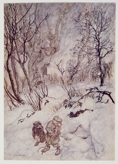 The Rat pondered awhile, and examined the humps and slopes that surrounded them by Arthur Rackham