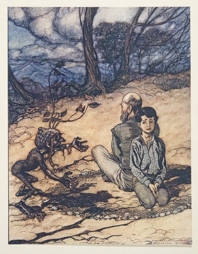 The Son made a circle, and his Father and he took their places within it, and the little black Mannikin appeared by Arthur Rackham