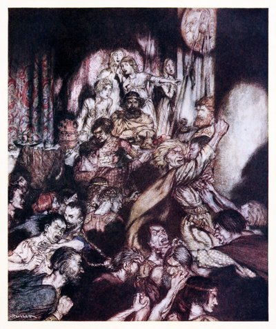 The banqueting hall was in tumult. from The Little Brawl in Irish Fairy Tales by Arthur Rackham