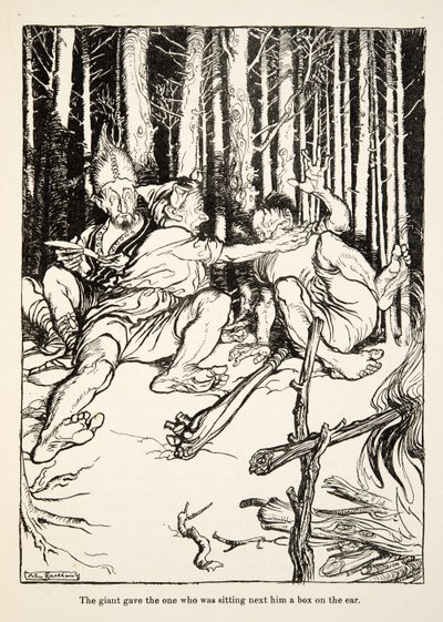 The giant gave the one who was sitting next to him a box on the ear, from Little Brother & Little Sister and Other Tales by the Brothers Grimm, pub.1917 by Arthur Rackham