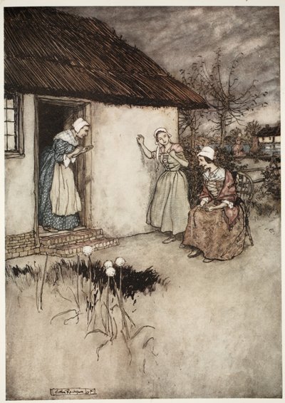 The good wives of the village never failed, in their evening gossipings to lay all the blame on Dame Van Winkle, from Rip Van Winkle by Washington Irving by Arthur Rackham