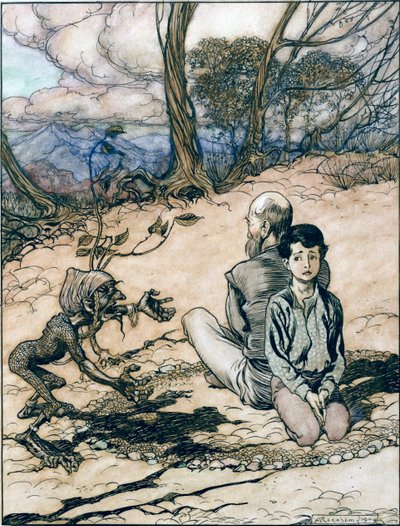 The son made a circle, and his father and he took places within it, and the little black mannikin appeared, illustration from The King of the Golden Mountain in The Fairy Tales of the Brothers Grimm by Arthur Rackham