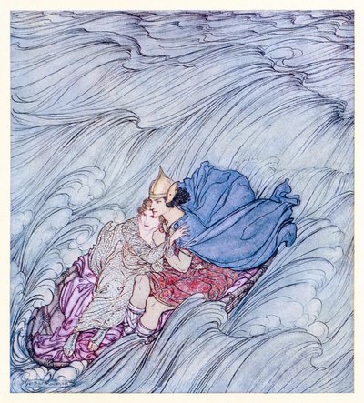 The waves of all the worlds seemed to whirl past them in one huge green carpet from Becuma of the White Skin in Irish Fairy Tales by Arthur Rackham