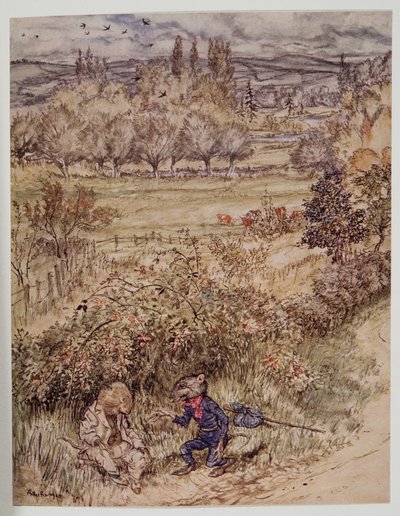 The wayfarer saluted with a gesture of courtesy that had something foreign about it, from Wind in the Willows by Kenneth Grahame, pub. 1940 by Arthur Rackham