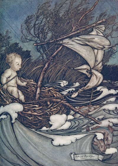 There now rose a mighty storm, and he was tossed this way and that, from Peter Pan in Kensington Gardens by J.M. Barrie, pub. 1906 by Arthur Rackham